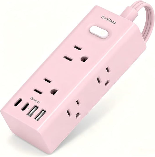5Ft Extension Cord with Multiple Outlets, Flat Plug Power Strip Surge Protector with 5 Ft Long Cord, 6 Outlet 4 USB Ports (2 USB C), Multi Outlet Wall Plug for College, Dorm Room Essentials(Pink)