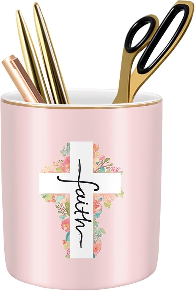 WAVEYU Ceramic Pen Holder for Desk Cute, Pencil Holder Cup, Makeup Brush Holder Pink, Multi-Functional Organizer for Office, Religious Style