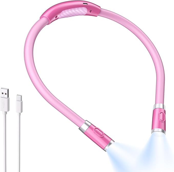 LUXJET Neck Reading Light & Book Light for Reading in Bed - Hands Free, 6 Brightness Levels, 360° Flexible Arms, 80-Hour Rechargeable - Reading, Knitting, Camping, Repairing (Pink-New)