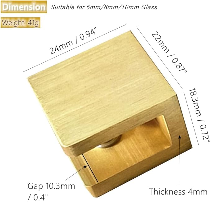 Glass Shelf Clamp, No-drill-on-glass Fixed Panel Shower Door Clip Holder Bracket Support Fixed Panel U-Clamp (4, Gold clamp for 6~10mm glass)