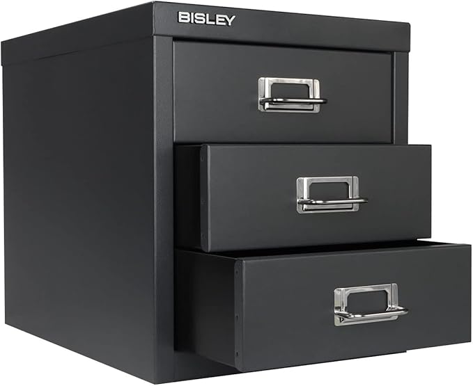 Bisley 3-Drawer Steel MultiDrawer Cabinet - Anthracite Grey, Chrome Pull Handles with Label Holders, Powder-Coated Steel, Removable Drawers, Desktop Storage, Labels Included