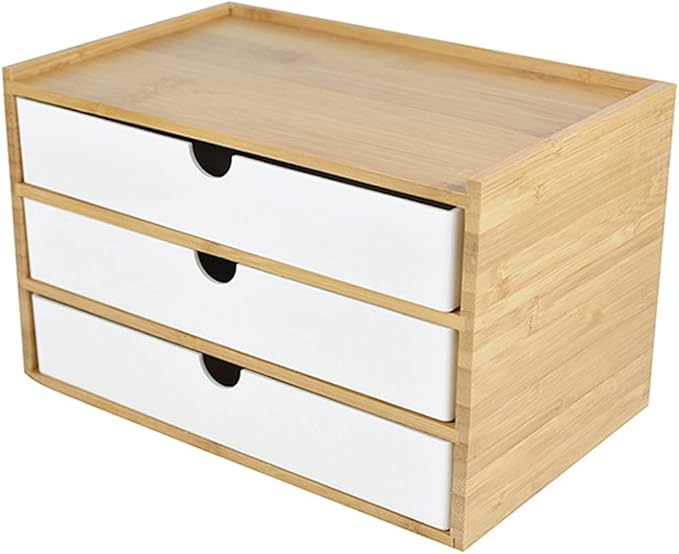 WAYUTO 3-Tier Bamboo Desktop Organizer Simple Wooden Tabletop Storage Organization Box Multi-Scene Drawer Units for Home Bathroom Office White 3-Drawer