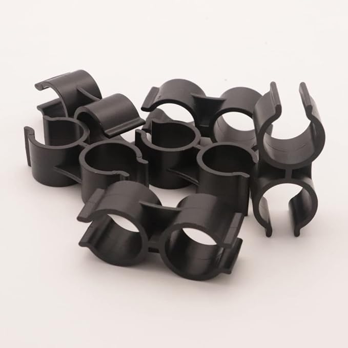 10pcs Black Double Port Pipe Clamps Clips, Hdtyyln 24mm Diameter Plastic Double Line Clamps Shelf Pole Connector Chain Link Fence Panel Clamps Clips, Pipe Linking and Fastening Fastener Accessories