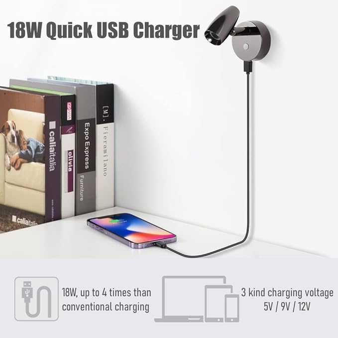 RV Reading Light 12V Swivel LED Spotlight with Quick USB Charger & Blue Nightlight, Camper Van Travel Trailer Bedroom Reading Light, 3-1/2" Length,12-24VDC Hard-Wired (Gloss Black)
