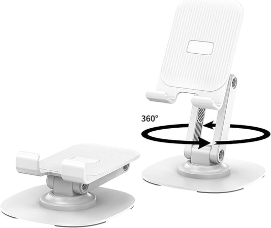 360° Rotating Cell Phone Stand for Desk, Adjustable & Foldable Phone Holder, Aluminum Desktop Phone Stand with Anti-Slip Base, Compatible with iPhone, iPad, Android Phones, K69-White