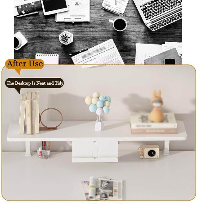 23.6x7.8 in Clamp on Desk Shelf, Adjustable Floating Desks Shelf with Reading Stand Desktop Extender Storage Organizer Space Saving for Office, Dorm, Home Desk Organization, White