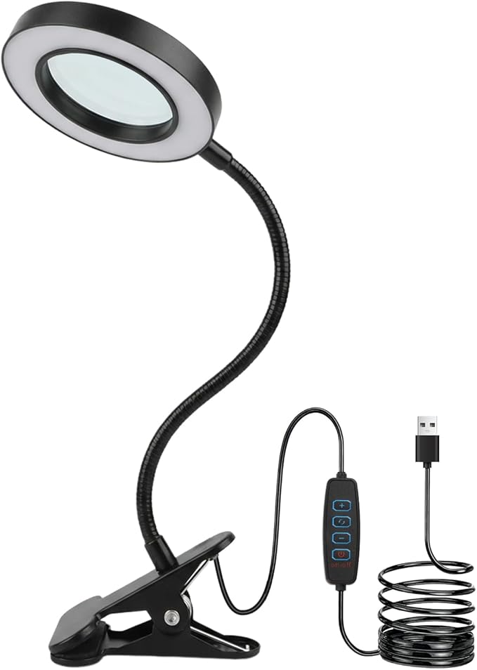 10X Magnifying Glass with Light, 2 in 1 Magnifying Desk Lamp Clip on Mganifier, 3 Color Modes & 10 Brightness Levels, USB Powered Magnifier Light for Bed Crafts DIY Repair(Size:95mm)