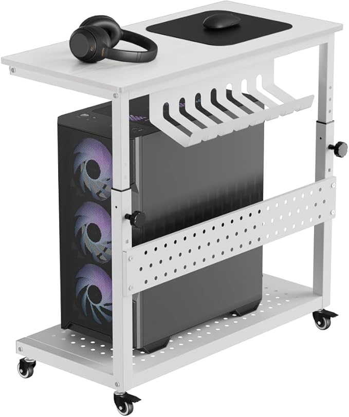 2-Tier Rolling Computer Tower Stand with Cable Management Rack, Height Adjustable CPU Holder Cart with Hooks for Gaming Home Office, PC Stand Fits Under Desk, White