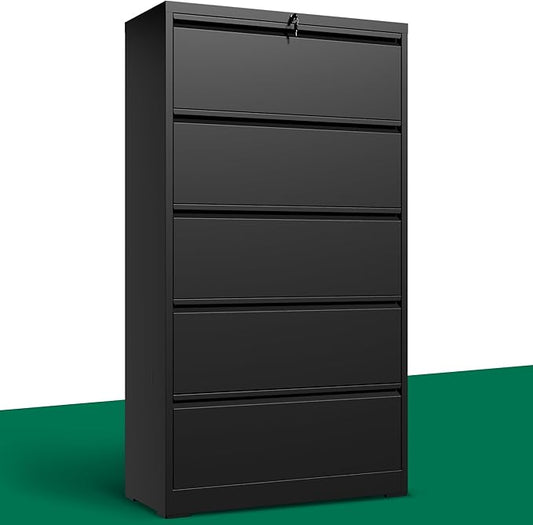 5 Drawer Lateral File Cabinet with Lock, Horizontal Metal File Cabinets for Home Office, Heavy Duty Large Filing Storage Cabinet, Steel Wide File Cabinet for Legal/A4/F4, Require Assembly-Black