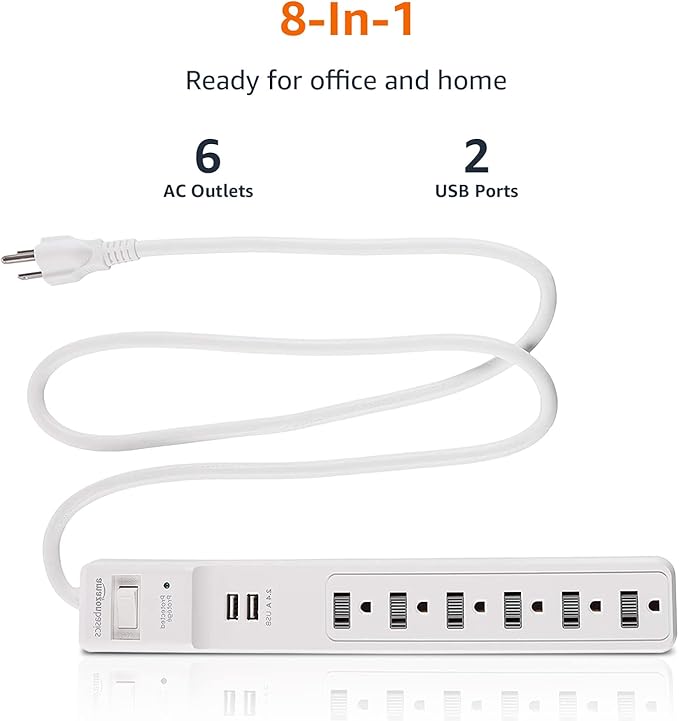 Amazon Basics Power Strip Surge Protector with 6 Outlets, 2 USB Ports, 1000 Joule Protection, 6-Foot Extension Cord, White