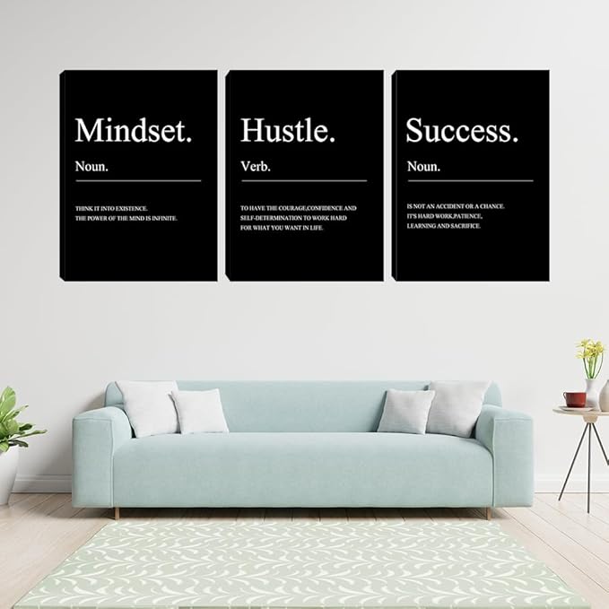 Black Motivational Mindset Wall Decor Canvas Wall Art Hustle Posters Prints Inspirational Entrepreneur Office Decor Success Paintings Artwork Home Bedroom Living Room Decorations (48" Wx24 H)