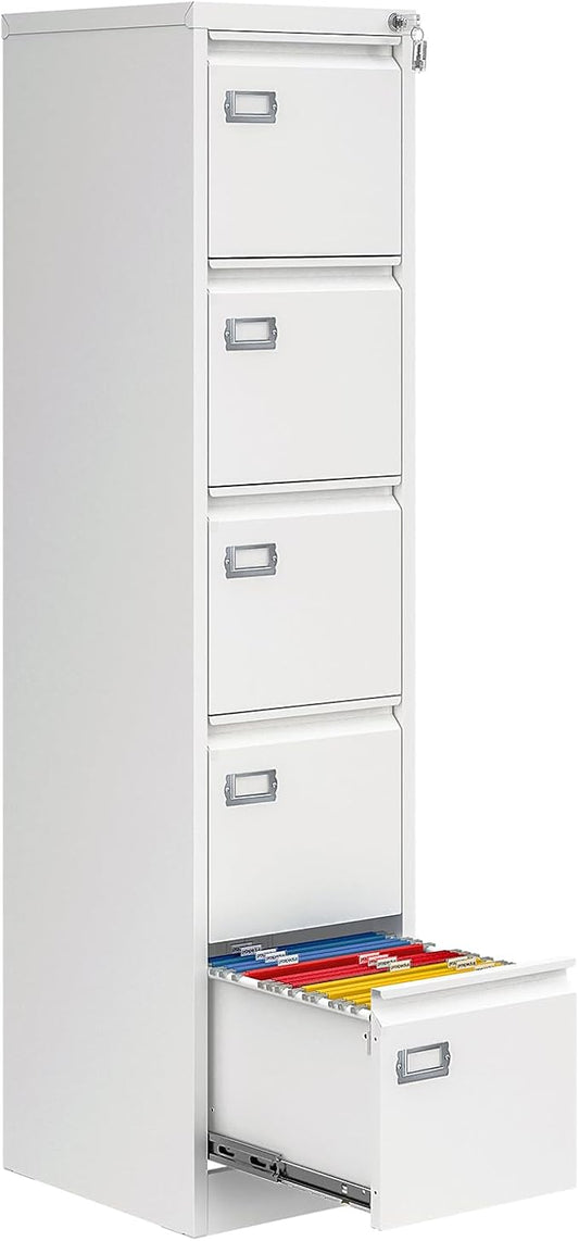 5 Drawer File Cabinet with Lock, Metal Filing Cabinets for Home Office, Vertical White Locking File Caninet, Steel Narrow Five Drawer File Cabnet for Letter/Legal / A4 / B4- Assembly Required