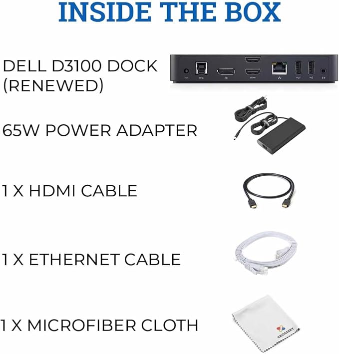 Dell D3100 Docking Station Bundle - Dual Monitor USB 3.0 Ultra HD/4K Support - Includes HDMI Cable, 65W Power Adapter, Ethernet Cable & Microfiber Cleaning Cloth (Renewed)