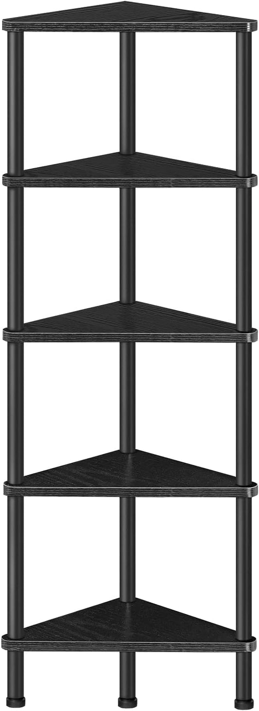 HOOBRO Corner Shelf Stand, Industrial 5-Tier Wall Corner Bookshelf with Metal Frame, Plant Display Shelf, Bookcase for Small Spaces, Bedroom, Living Room, Black BK33CJ01