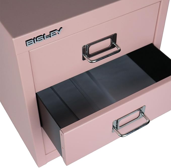 Bisley 3-Drawer Steel MultiDrawer Cabinet - Palest Pink, Chrome Pull Handles with Label Holders, Powder-Coated Steel, Removable Drawers, Desktop Storage, Labels Included