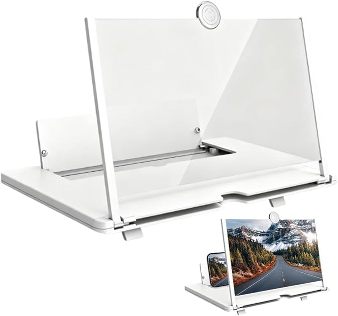 Mobile Phone Magnifier Screen, 3D HD Magnifying Projector Screen Enlarger for Movies Videos and Gaming, Foldable Phone Stand with Screen Amplifier, Compatible with All Smartphones (White, 12inch)