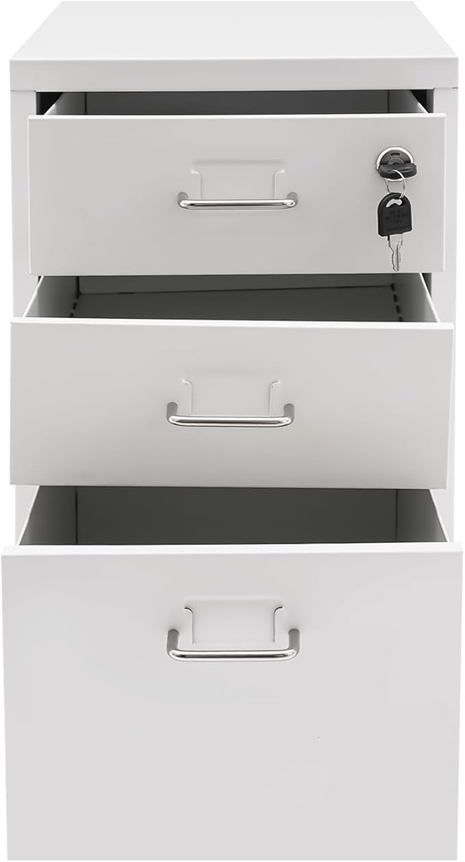 3 Drawer Mobile File Cabinet with Lock, Under Desk Rolling Filing Cabinets with Tag Jacks, Lockable Vertical File Cabinet for Home Office, Easy Assembly (White)