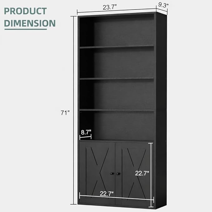 Modern Bookshelf with Doors, Industrial Bookshelves with 6-Tier Shelf, 71 inches Tall Bookcase Display Cabinet with Storage for Home Office, Black