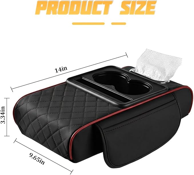Zpana Car Center Console Armrest Pillow, Memory Foam Leather 4 in 1 Vehicle Arm Rest Cover with Tissue Box 2 Side Storage Bag Cup & Phone Holder, Auto Armrest Cushion, Universal Fit (Black/Red)