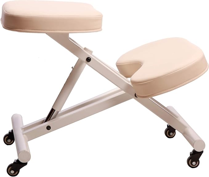 Massage Ergonomic Kneeling Chair, Adjustable Height Posture Stool for Home and Office - Neck and Back Pain Relieving | Spine Tension Relief- Thick Comfortable Cushions (Cream)