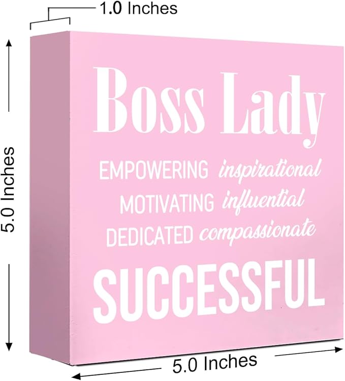 LVQHI Pink Office Desk Accessories, Boss Lady Sign Wooden Box, Inspirational Desk Decor For Hr Women, Small Motivational Office Cubicle Table Decoration Signs Wall Decor 5"L x 5"W x 1.2"H