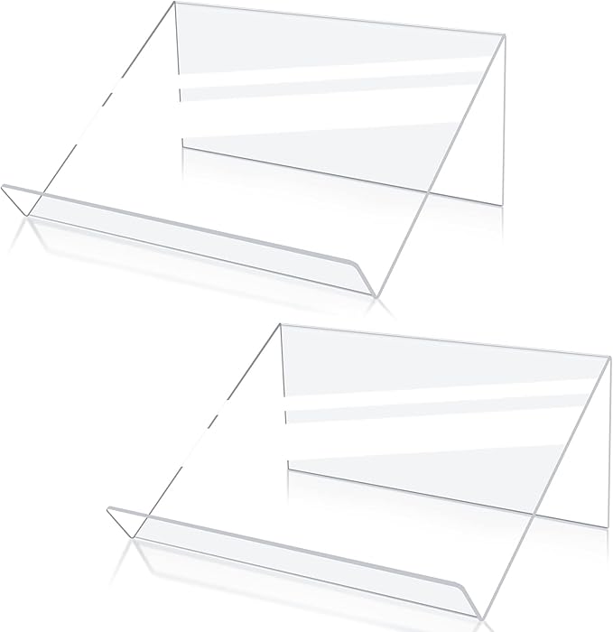 Kamehame Book Stands for Display, 2 Pack Slightly Elevated Clear Acrylic Book Display Stand with 1.5" Ledge, Book Easel Anti-slip Border for Handwriting Reading Art and Laptop, 12"x8.5"x5.1"