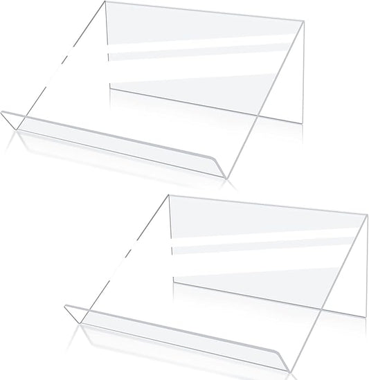 Kamehame Book Stands for Display, 2 Pack Slightly Elevated Clear Acrylic Book Display Stand with 1.5" Ledge, Book Easel Anti-slip Border for Handwriting Reading Art and Laptop, 12"x8.5"x5.1"