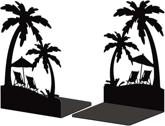 Peacoblue Metal Bookends for Shelves, Modern Decorative Heavy Duty Study Book Support Stoppers for Office, Desk, Shelf, Room 5.3"x4.3"x7.9" Cast Iron Simple Tall Bookends, 1 Pair (Beach and Palm)