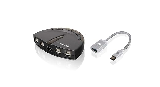 IOGEAR 4 Port USB 2.0 Switch - Auto Printer Switch - USB-A to USB-C Adapter Kit - Manually or Auto Control - LEDs Indicate - Plug N Play - GUB431CA1KIT