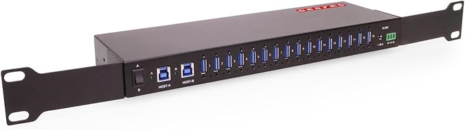 Gearmo 16-Port Rack Mount USB Hub - Powered USB 3.0 Type A Ports, Dual Upstream Ports, 5Gbps Speed, ESD Surge Protection, 1U Rack Industrial USB Hub