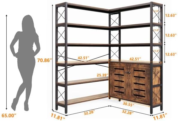 Wildhome 6-Shelf Corner Bookshelf, Vintage Industrial Corner Shelf Etagere Bookcase, Large Book Shelf with Metal Frame Open Storage Corner Cabinet (Brown-Lockers, Large)
