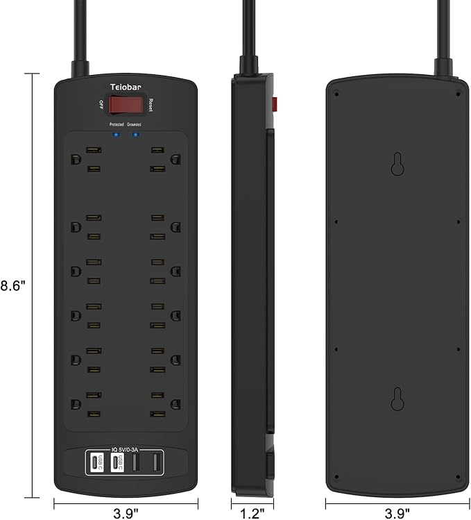10 Ft Extension Cord Power Strip, Teiobar Surge Protector with 12 AC Outlets and 4 USB Ports for Home, Office, Dorm Essentials, 1875W/15A, 2700 Joules, ETL Listed, Black