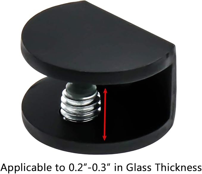 Adjustable Glass Clamp Brackets 16Pcs, for 0.2-0.31 Inch Thick Glass Shelves, Aluminum Alloy Wall Mount Clips Holder , Shower Railing Support Hardware, Matte Black