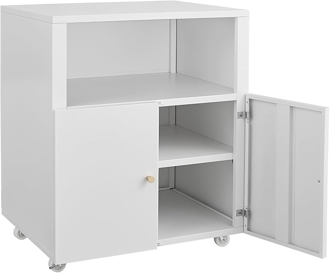 Heavy Duty Rolling Printer Cabinet with 2 Doors & Storage Shelf, Under Desk 3D Printer Stand, Mobile Metal File Cabinet for Garage Home Office, Small Spaces & Workshop White