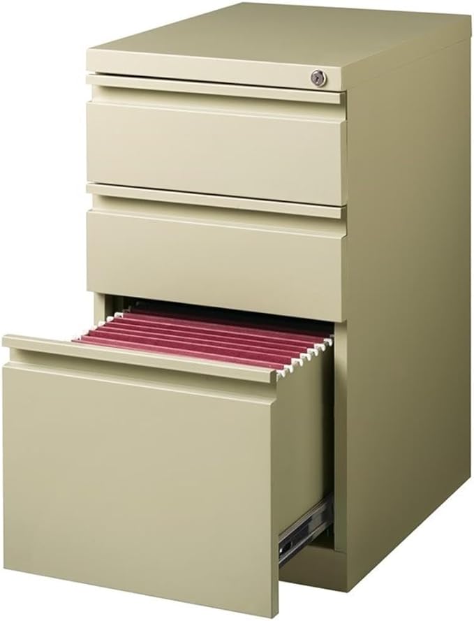 BOWERY HILL Mobile Pedestal Filing Cabinet, 20" Deep, Steel Construction, Putty/Beige Finish, 3-Drawer Box/Box/File Configuration, Lockable, Hidden Casters, Letter-Size Hanging File Storage