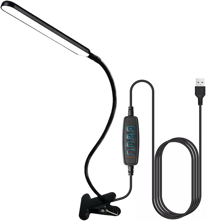 Clip on Light LED Desk Lamp LED Light and Metal Clip, 10 Level Brightness 3 Color Modes, Power by USB Port 10W Flexible Gooseneck Reading Light for Home and Office (Black)