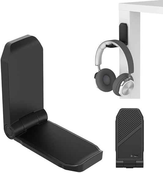KIWIFOTOS Adhesive Desk Headphone Hanger, Foldable PC Gaming Headset Holder Stand, Adhesive Holder Mount for Wall, Headphones Hook Mount Under Desk - Black
