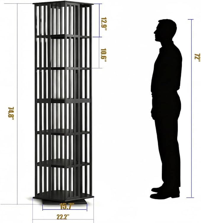 Lauxery Rotating Bookshelf– 6 Tier 360° Bamboo Revolving Bookcase, Spinning Corner Bookshelf, Space-Saving Book Shelf Tower for Small Spaces, Home Office, Living Room Vertical Storage– Black