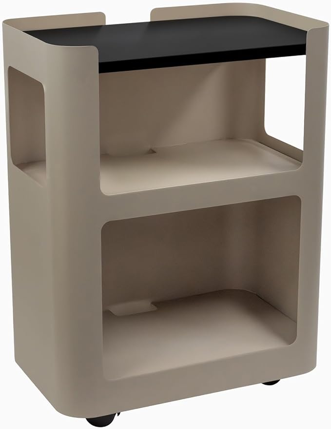Desky Minimal Open Mobile Pedestal – 3-Tier Open Storage Cabinet with Hidden Swivel Casters and Integrated Cable Management, Light Brown Frame/Black