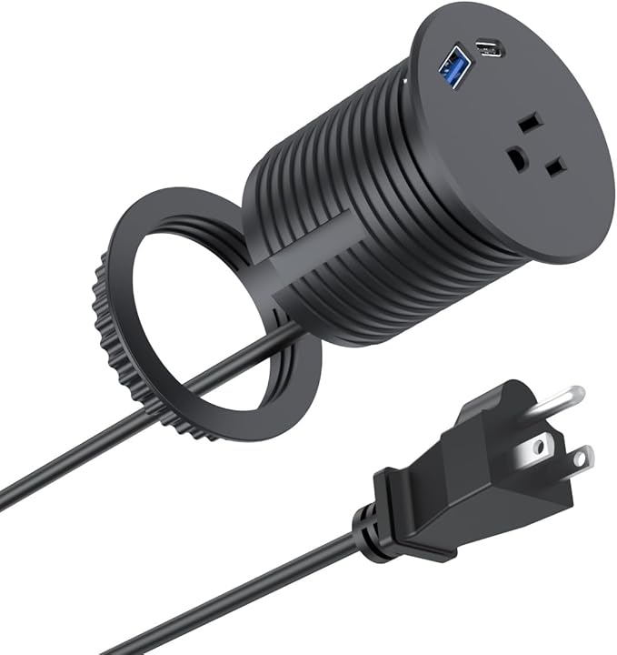 Desk Power Grommet,2.5inch(60mm)Hole Grommet,Recessed Power grommet Fast Charging Station PD20W USB-C Port,Desktop Countertop Grommet Outlet,Flush Mount for Office Tables,Furniture,6.6FT Cord (Black)