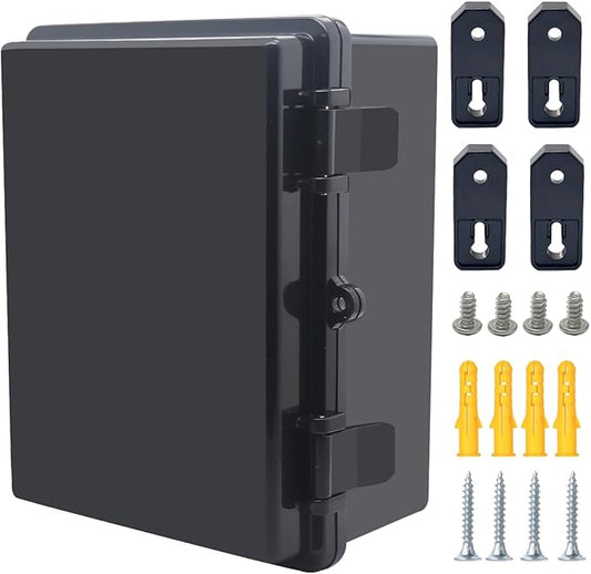 Junction Box, Hinged Black Cover IP67 Waterproof ABS Project Box with Mounting Plate Electrical Box Enclosure with Wall Bracket 8.7 x 6.7 x 4.3inch(220x170x110mm)