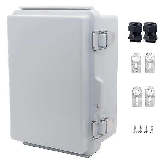IP67 Waterproof Junction Box, ABS Plastic Electrical Enclosure with Stainless Steel Latch, Hinged Cover Electric Box with Mounting Plate, Wall Brackets & Cable Glands 175x125x95