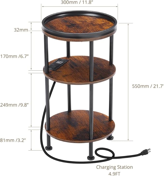 Small Round Side Table with Charging Station for Small Spaces, 3-Tier Round Accent Table with USB Ports & Power Outlets, Corner Table Sofa End Table for Living Room Bedroom (USB Charger, Rustic Brown)