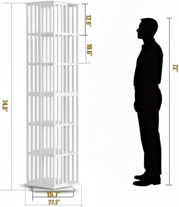 Lauxery Rotating Bookshelf Tower– 6 Tier 360° Bamboo Spinning Book Shelves| Space-Saving Tall Square Revolving Bookcase for Small Space, Living Room, Bedroom & Office | White Corner Bookshelf