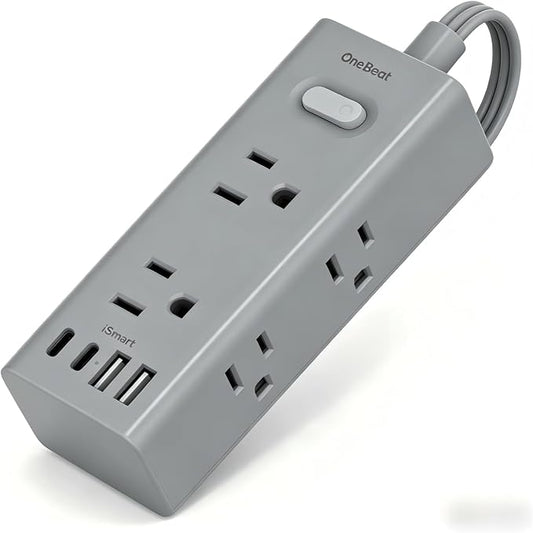 5Ft Extension Cord with Multiple Outlets, Flat Plug Power Strip Surge Protector with 5 Ft Long Cord, 6 Outlet 4 USB Ports (2 USB C), Multi Outlet Wall Plug for College, Dorm Room Essentials(Grey)