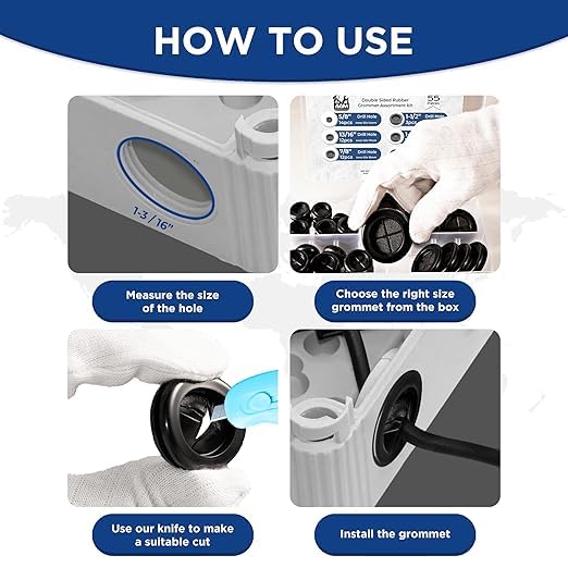 55Pcs Double-Sided Rubber Grommets kit in 6 Assorted Sizes 5/8",13/16",7/8",1",1-3/16",1-1/2"- Round & Waterproof Rubber Grommet - Ideal Solution for Wire Protection
