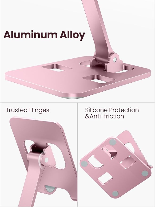 Phone Stand for Desk, Dual Folding Cell Phone Holder, Fully Adjustable Portable Mobile Phone Holder for iPhone 17 16 15 14 13 12 11 Pro Max Plus Air, Galaxy S25 S24, All Phones (Rose Gold)