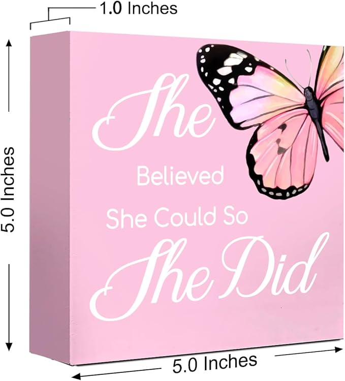 LVQHI Inspirational Pink Wooden Block Sign With "She Believed She Could So She Did" Quote, Achieve Office Desk Decor For Women, Motivational Shelf Display Gift, 5"L x 5"W x 1.2"H