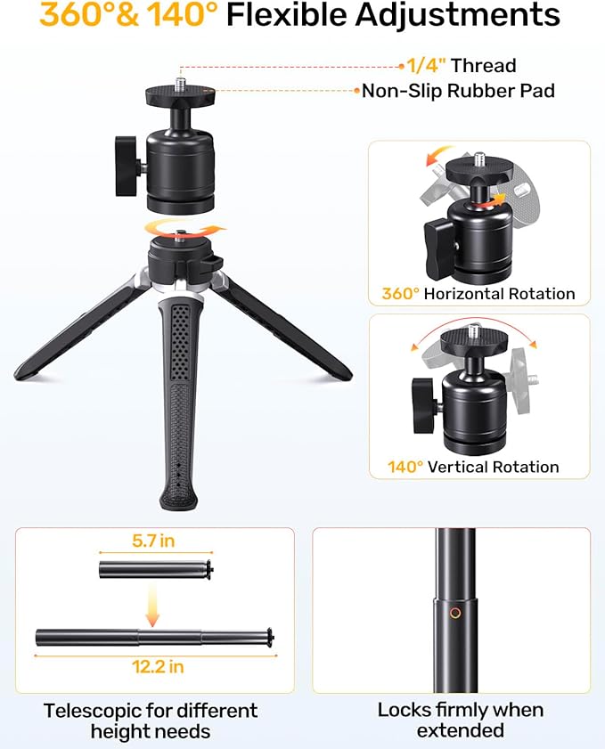 Webcam Tripod for Desk, Extendable Web Cam Stand Mount with Phone Holder for Logitech Webcam C920 C922 C922x C925e C930 C930e C615 Brio 4K NexiGo N60, GoPro Camera and Ring Light with 1/4" Thread