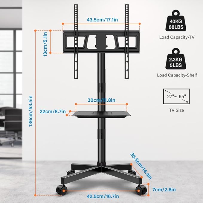 KKTONER Mobile TV Cart for 23 to 65 inch LCD LED Flat Screen/Curved TVs Floor TV Stand on Wheels with Height Adjustable Shelf Max VESA 400x400mm Rolling Floor TV Trolley Holds up to 88lbs